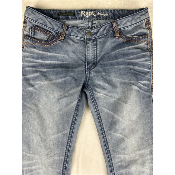 Wrangler Rock 47 Ultra Low Rise Jeans Women’s 11 X 34 Thick Stitch Flare Flap - Picture 2 of 10
